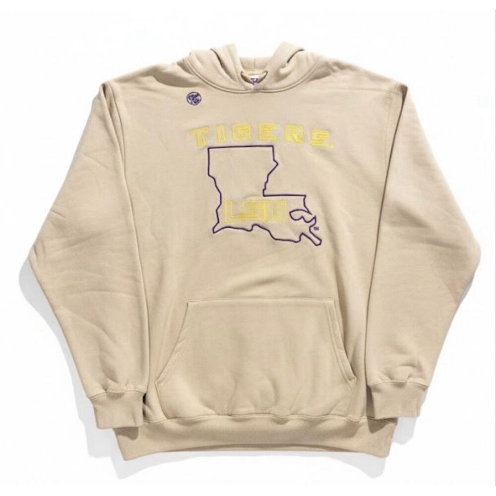 LSU Tigers Beige Pullover Hoodie with State Graphic